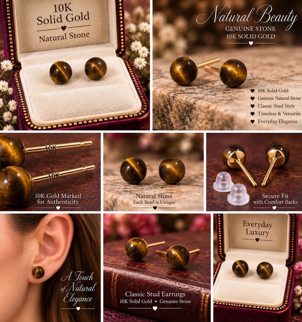10k solid gold post with natural cats eye stone earrings